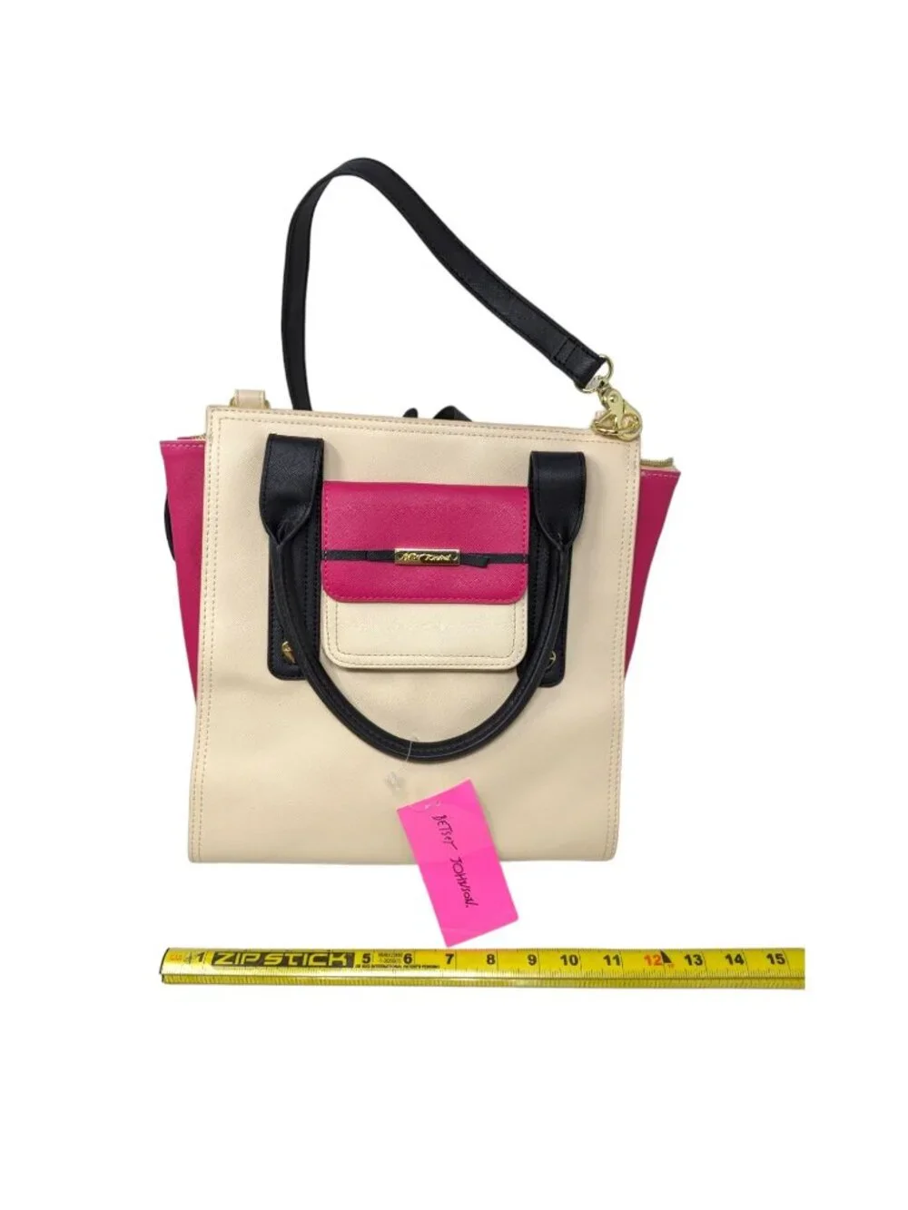 Betsey Johnson Beige Cream Pink Black Gold Handbag Satchel Crossbody Bag